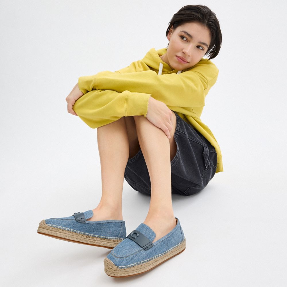 COACH®,Camilla Espadrille,Denim,Leather,Rubber,Flats,Espadrilles,Loafer,Logo,Penny Loafer,Color Block,Traction,Casual,,Detail View