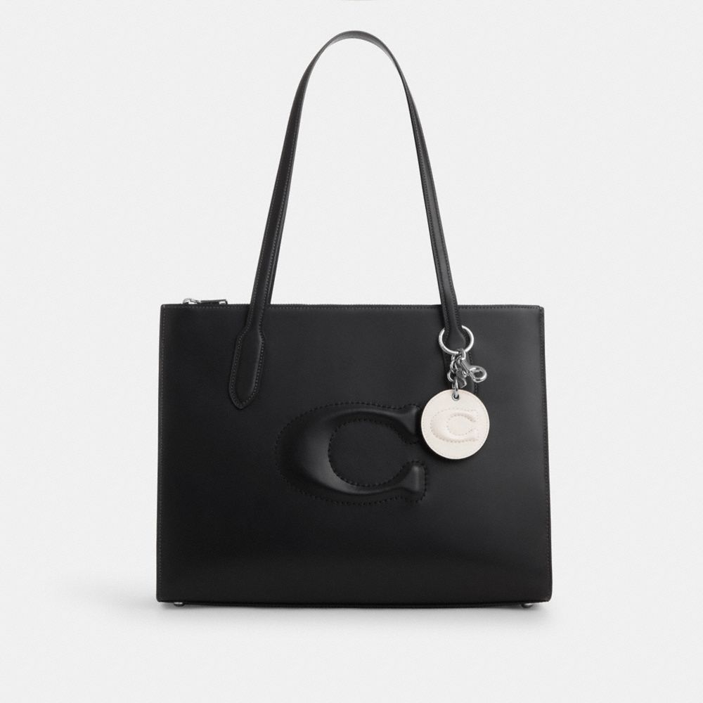 COACH®,Mirror Bag Charm With Signature,Key Chain,Leather,Silver Metal,White,Angle View