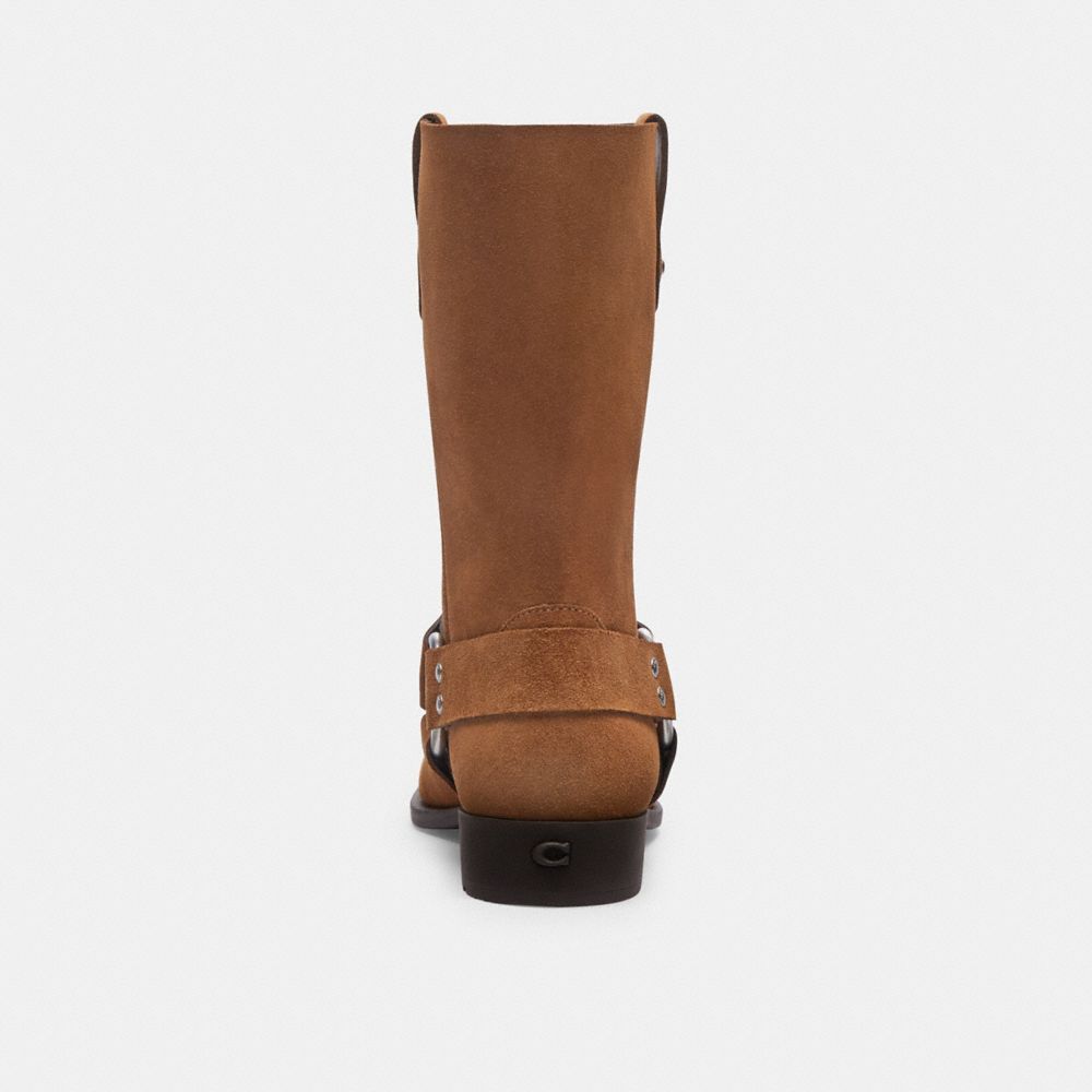 COACH®,Tara Biker Boot,Leather,Suede,Moto,Harness Embellishment,Studded,Pull Tab,Silver Metal,Casual,Brown,Alternate View
