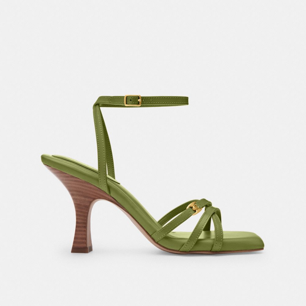 COACH®,Kelsey Sandal,Leather,Rubber,Sandals,Logo,Metal,Cushioned,Padded Insole,Day Party,Olive,Angle View