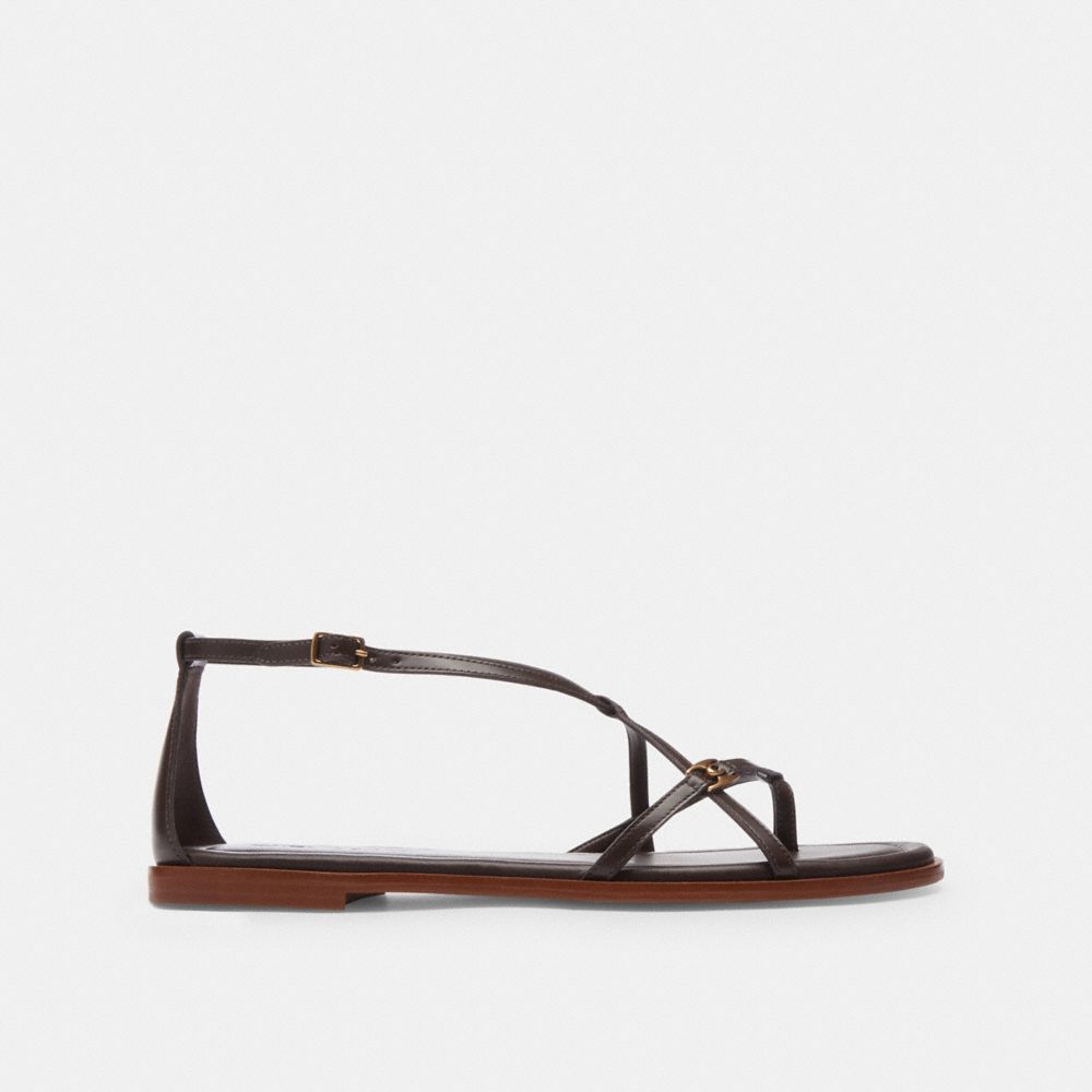COACH®,Jenni Sandal,Leather,Sandals,Metal,Logo,Pull Tab,Casual,Brown,Angle View