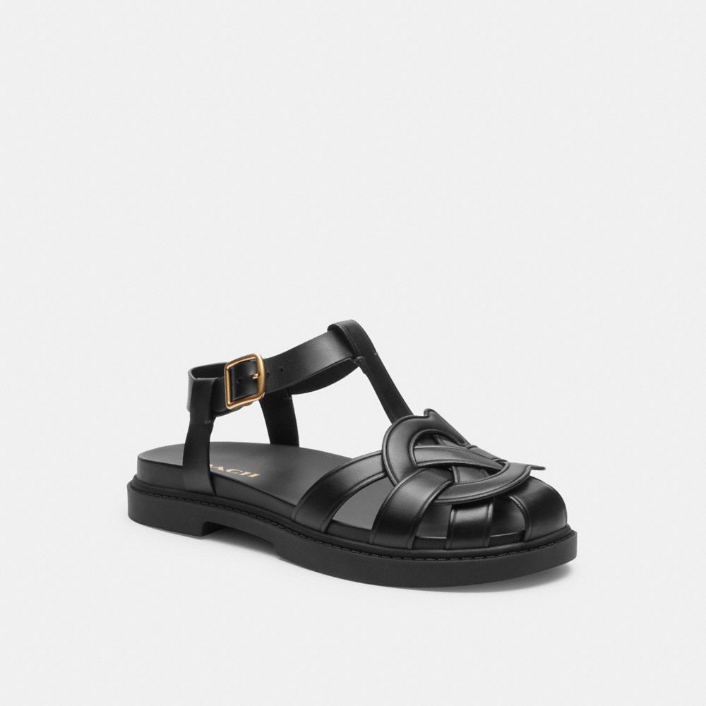 COACH®,BELLA FISHERMAN SANDAL,Leather,Black,Front View