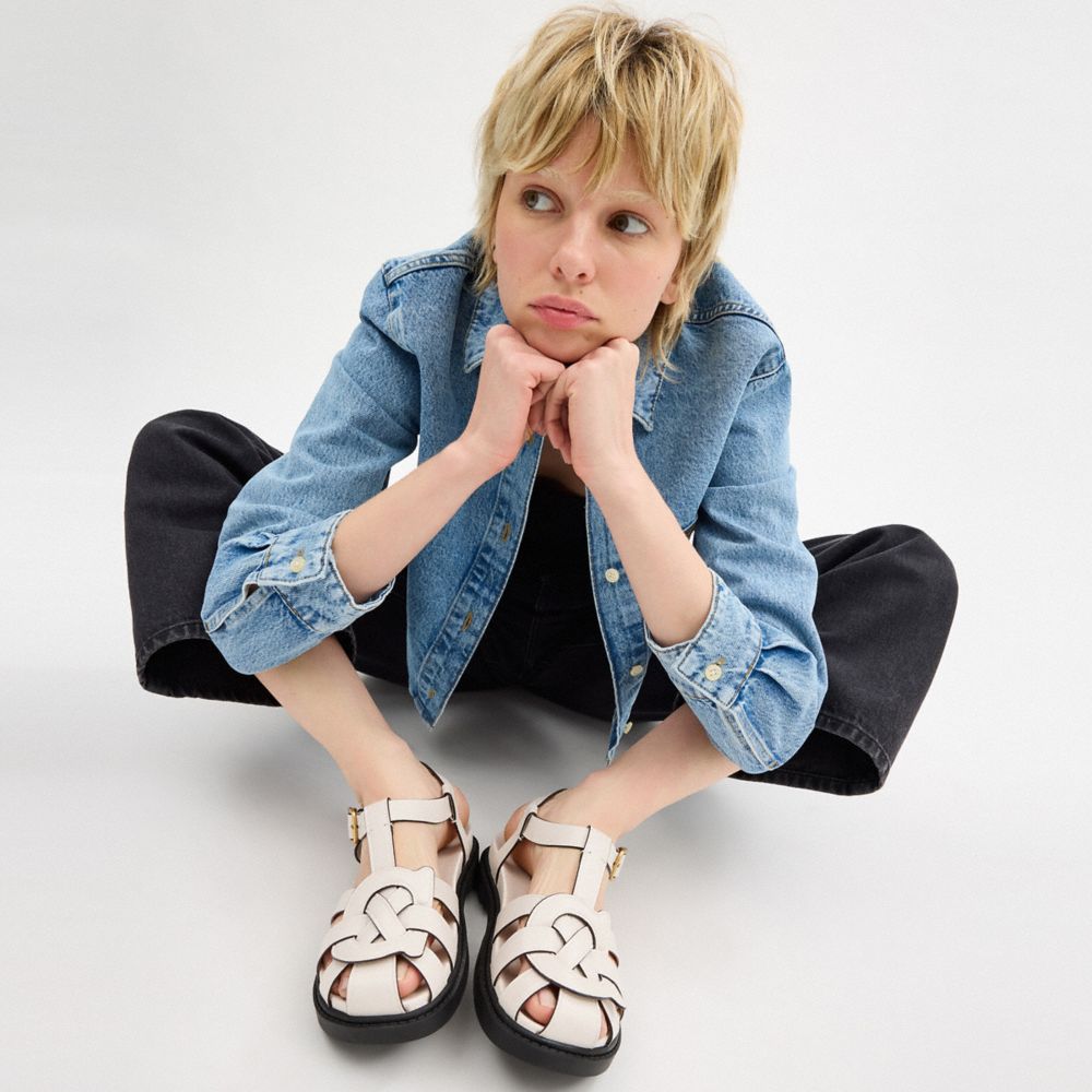 COACH®,Bella Fisherman Sandal,EVA,Leather,Fisherman,Caged,Padded Insole,Casual,Cream,Detail View