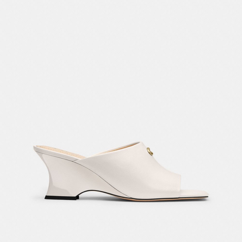 COACH®,Celeste Wedge,Leather,Rubber,Slides,Logo,Metal,Pull Tab,Casual,Pool,Day Party,White,Angle View