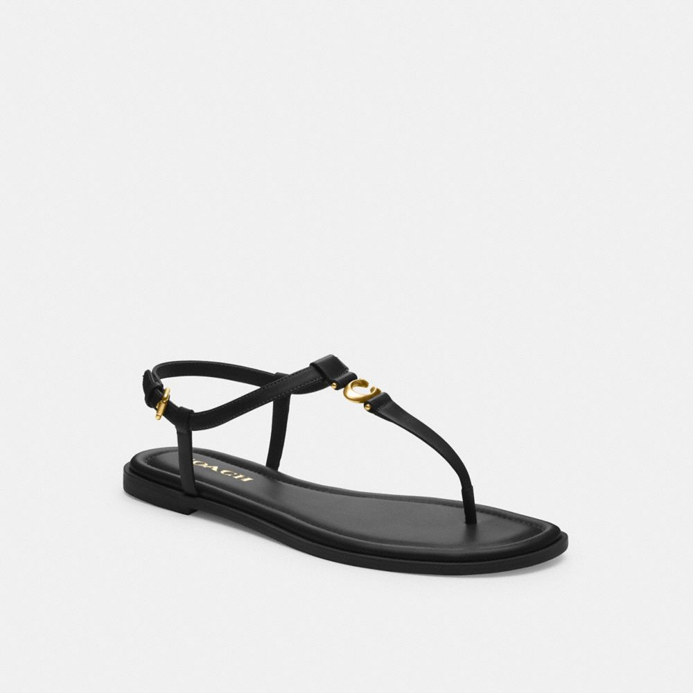 COACH®,Jessica Sandal,Leather,Sandals,Logo,Metal,Padded Insole,Gold Metal,Casual,Black,Front View