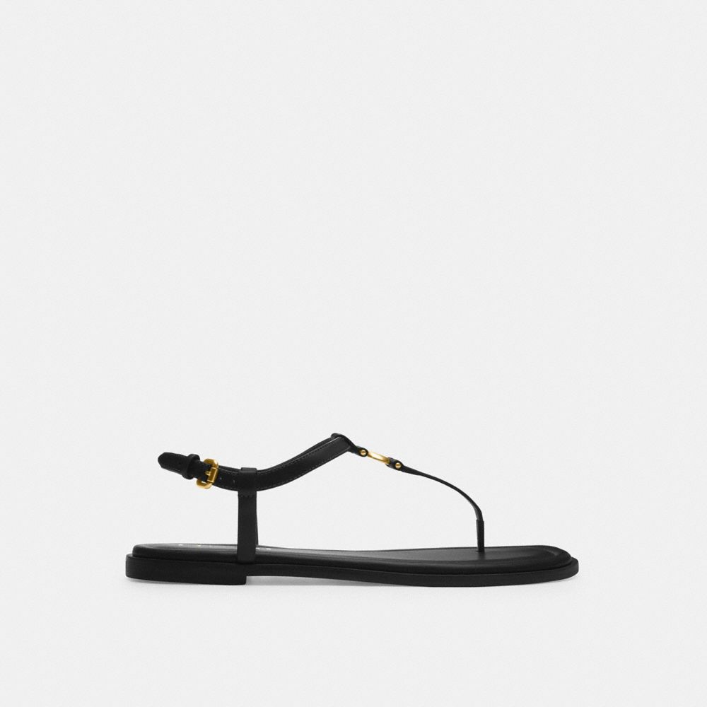 COACH®,Jessica Sandal,Leather,Sandals,Logo,Metal,Padded Insole,Gold Metal,Casual,Black,Angle View
