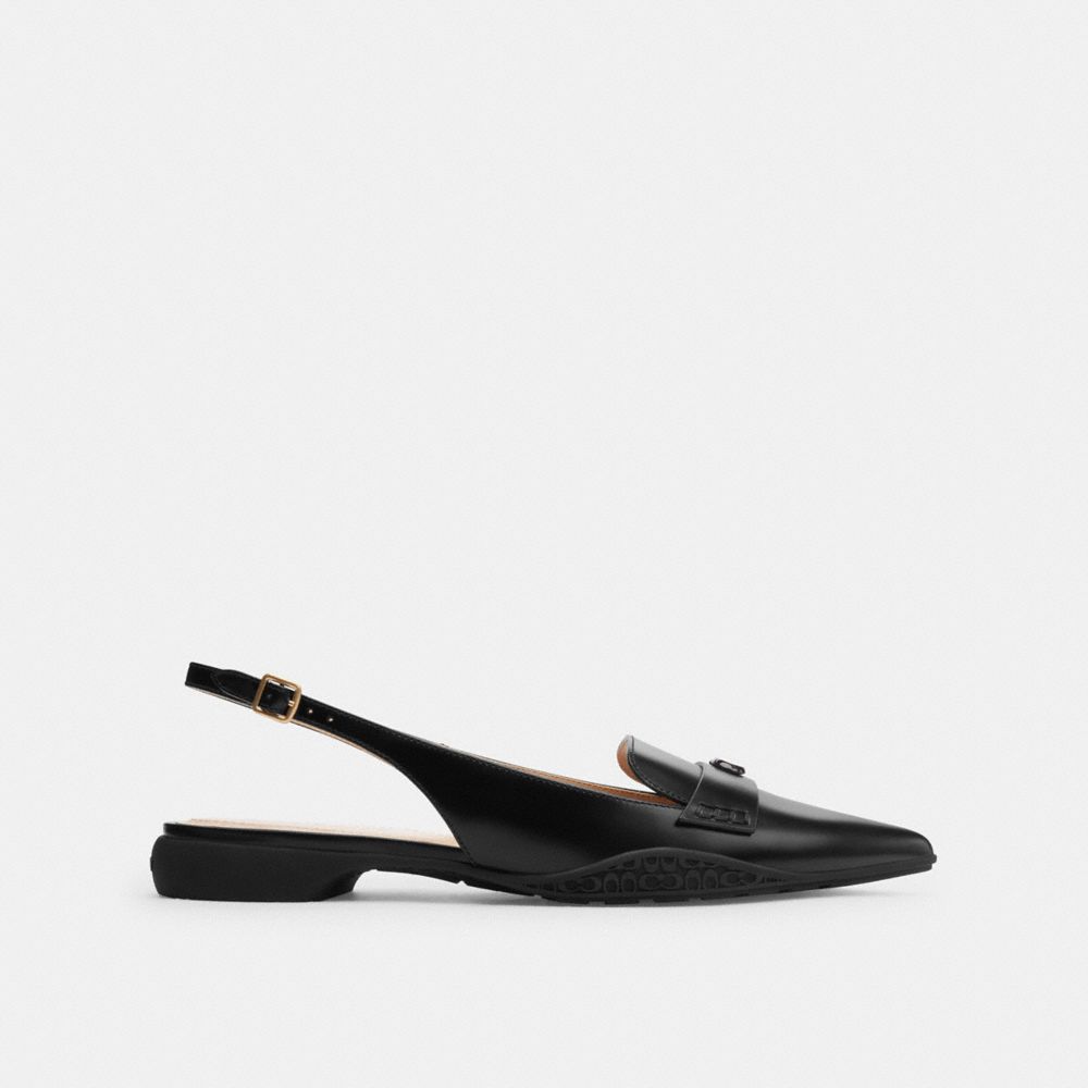 COACH®,Carrie Skimmer,Leather,Lining Leather,Rubber,Smoking Flat,Logo,Metal,Penny Loafer,Traction,Work,Black,Angle View