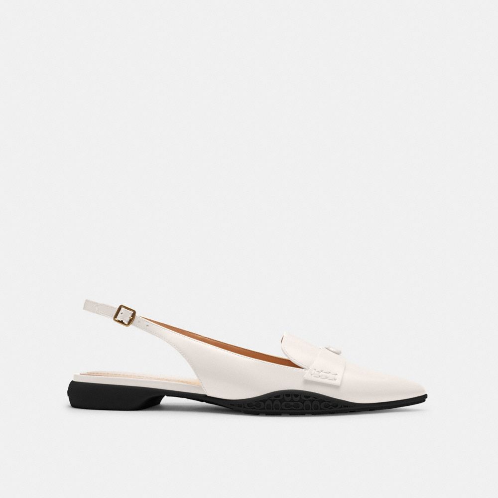 COACH®,Carrie Skimmer,Leather,Lining Leather,Rubber,Smoking Flat,Logo,Metal,Penny Loafer,Traction,Work,White,Angle View