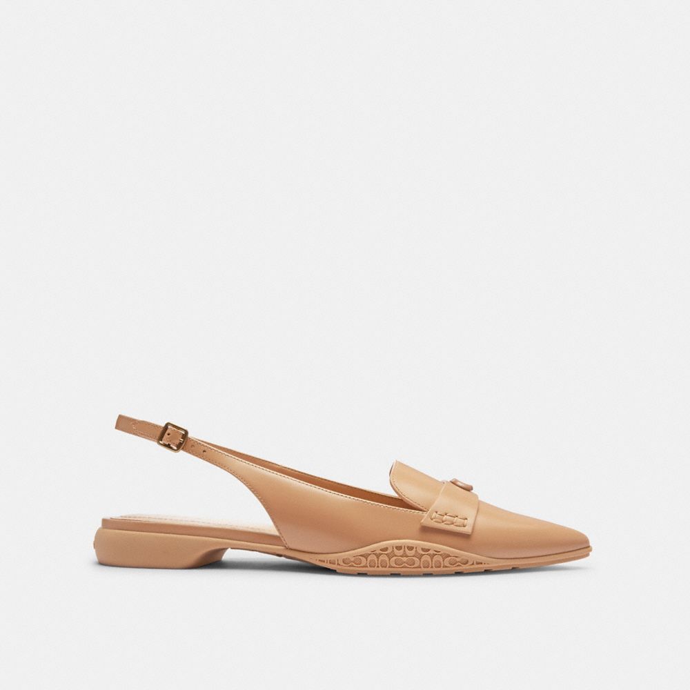 COACH®,Carrie Skimmer,Leather,Lining Leather,Rubber,Smoking Flat,Logo,Metal,Penny Loafer,Traction,Work,Beige,Angle View
