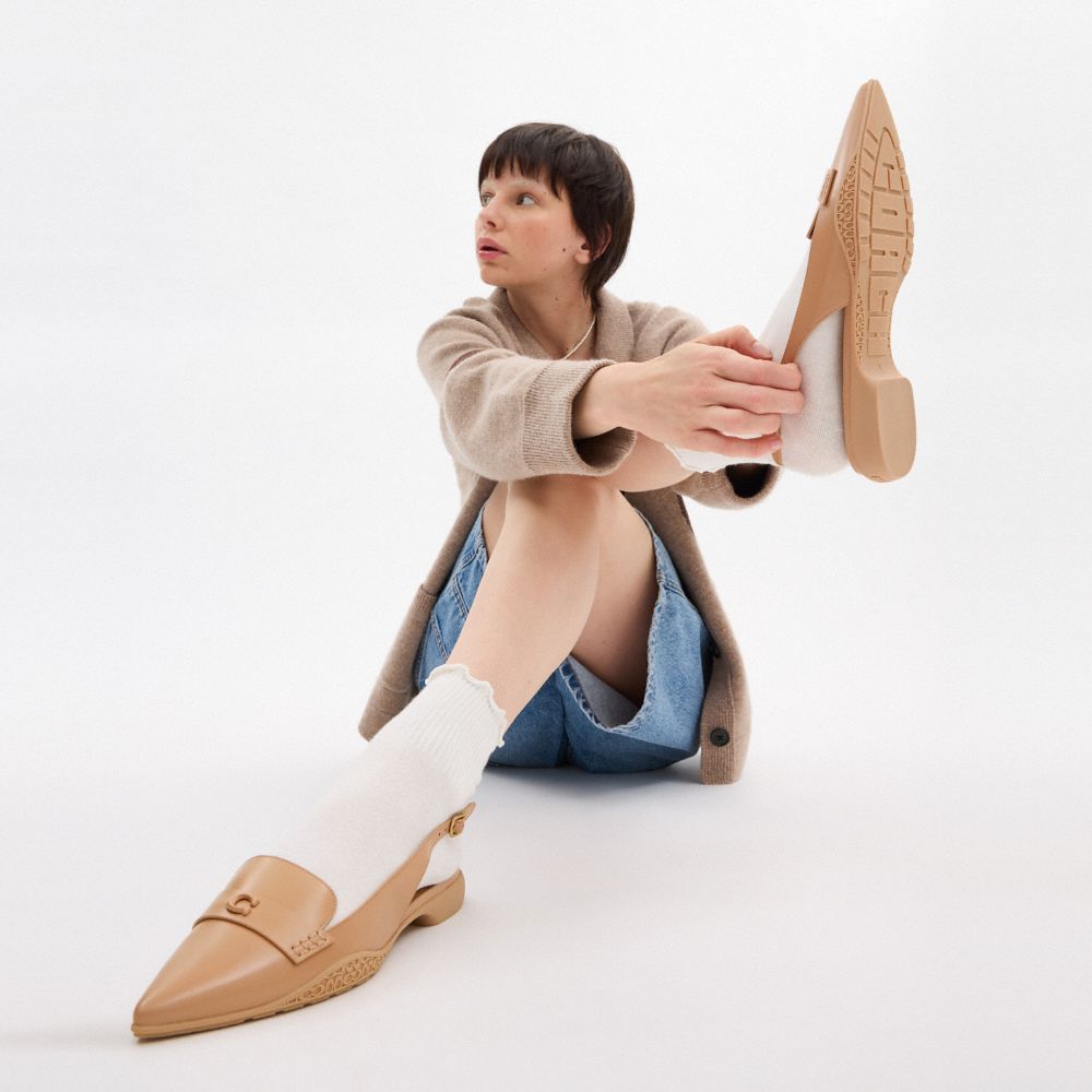 COACH®,Carrie Skimmer,Leather,Lining Leather,Rubber,Smoking Flat,Logo,Metal,Penny Loafer,Traction,Work,Beige,Detail View