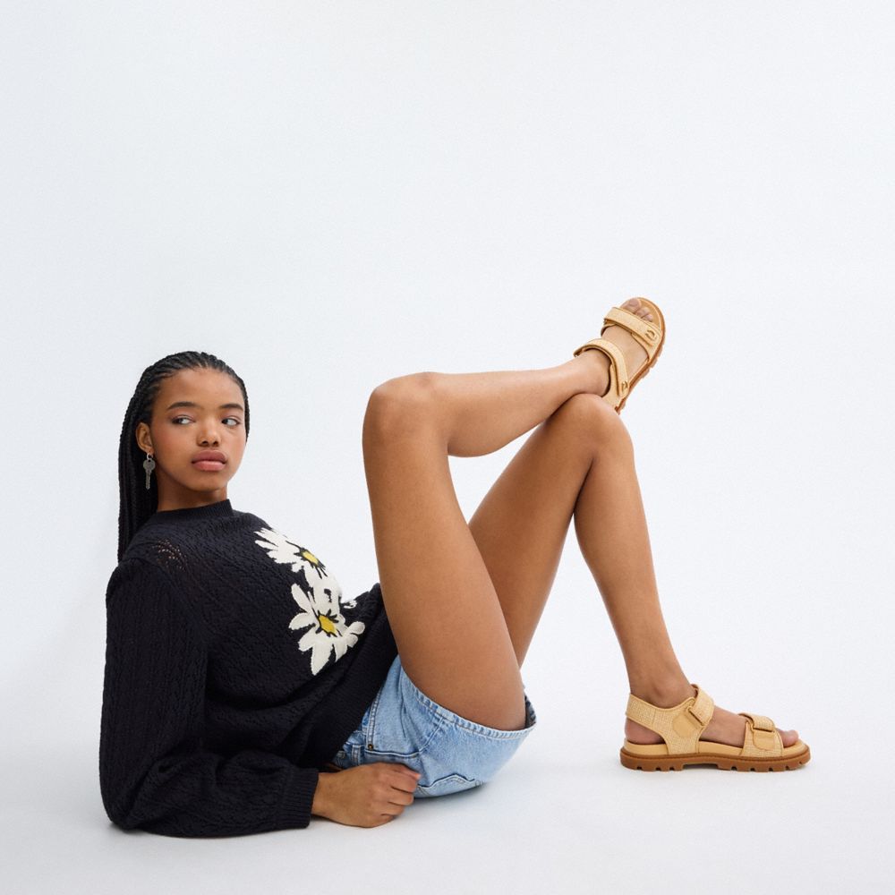COACH®,Brynn Sandal,EVA,Leather,Sandals,Straw,Logo,Metal,Padded Insole,Gold Metal,Casual,Beige,Detail View