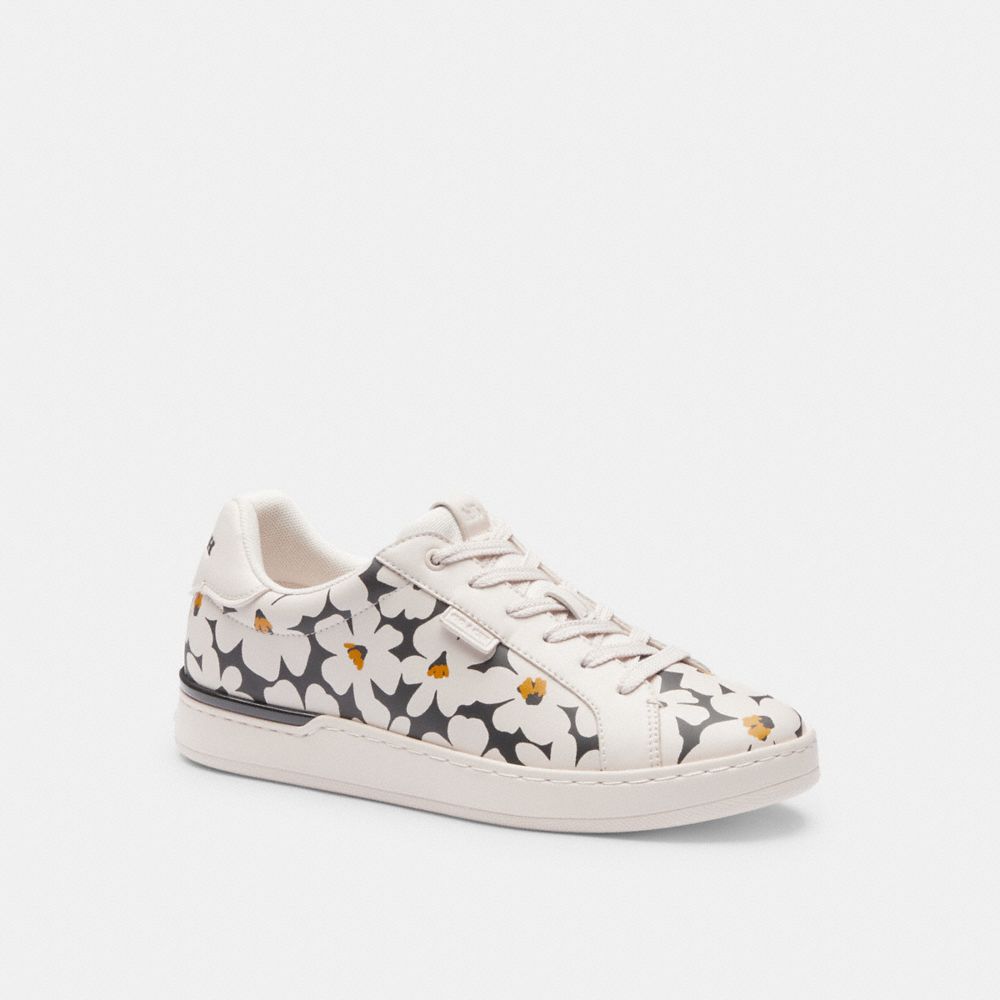 COACH®,LOWLINE LOW TOP SNEAKER WITH FLORAL PRINT,Leather,Chalk Multi,Front View