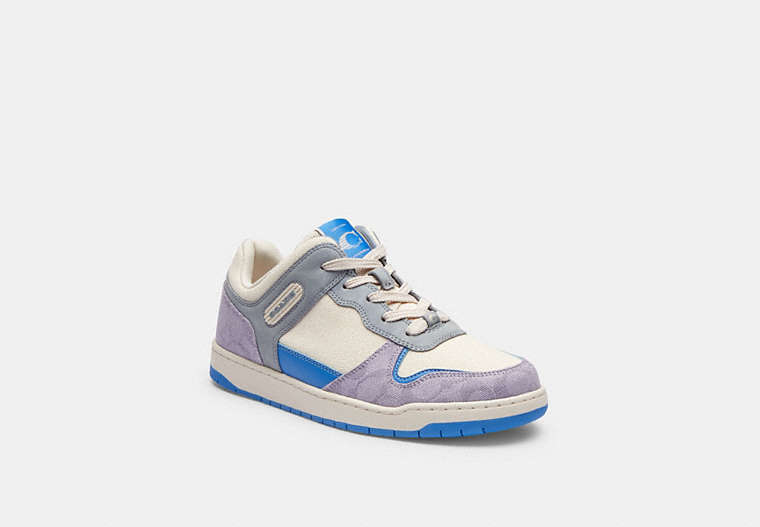 COACH®,C201 LOW TOP SNEAKER IN SIGNATURE CANVAS,Chalk/Soft Purple,Front View