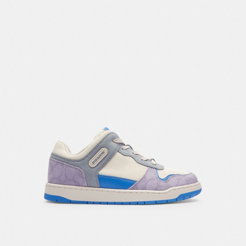COACH®,C201 LOW TOP SNEAKER IN SIGNATURE CANVAS,Chalk/Soft Purple,Angle View