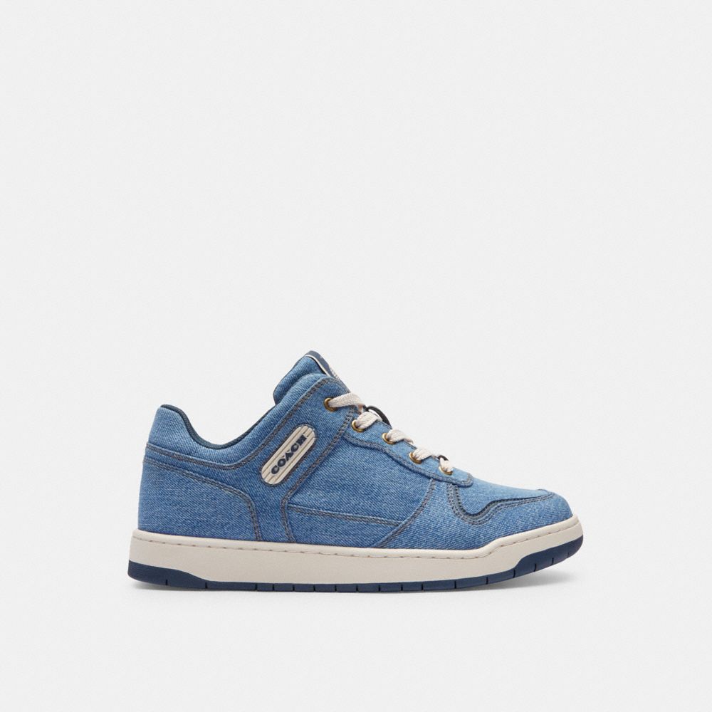 COACH®,C201 Low Top Sneaker,Denim,Leather,Rubber,Casual,Logo,Embossed,Traction,Casual,,Angle View