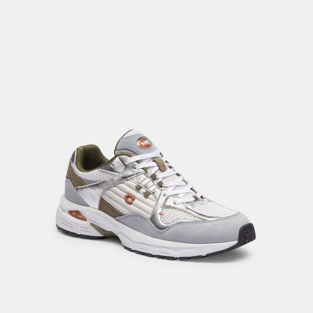 COACH®,C301 SNEAKER,Metallic Leather,Optic White/Grey,Front View image number 0