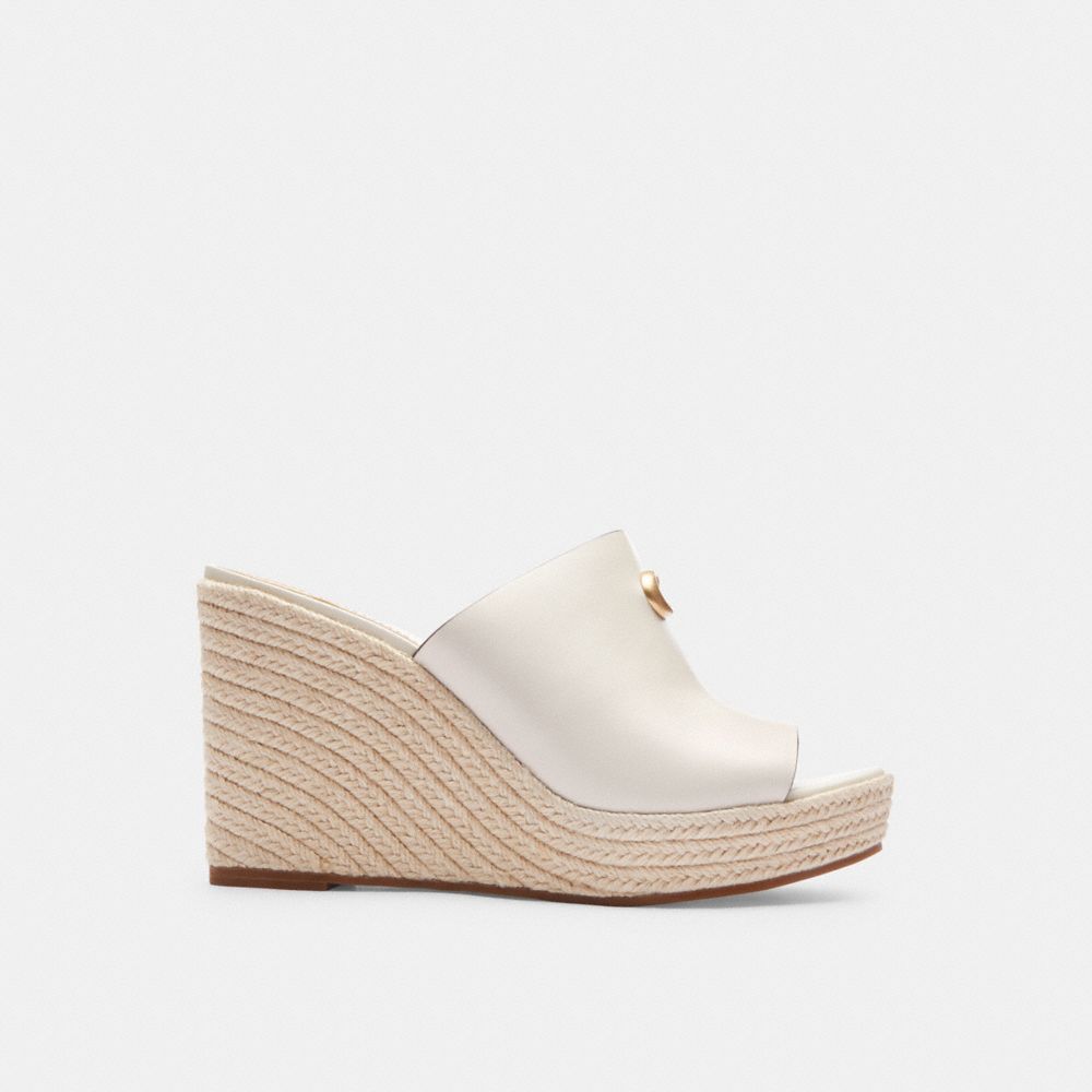 COACH®,Gloria Wedge,Leather,Rubber,Espadrilles,Slides,Logo,Metal,Padded Insole,Cushioned,Traction,Gold Metal,Day Party,Cream,Angle View