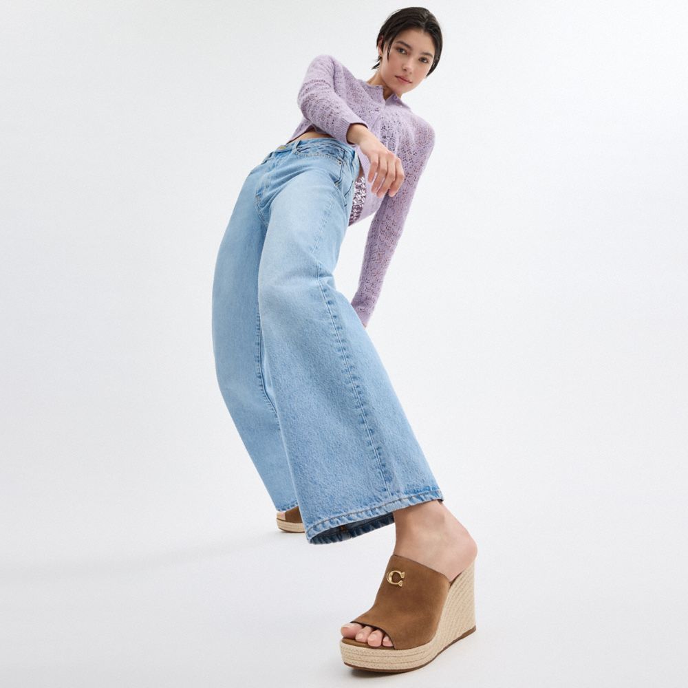 COACH®,Gloria Wedge,Leather,Suede,Rubber,Espadrilles,Slides,Logo,Metal,Traction,Cushioned,Gold Metal,Day Party,Brown,Detail View