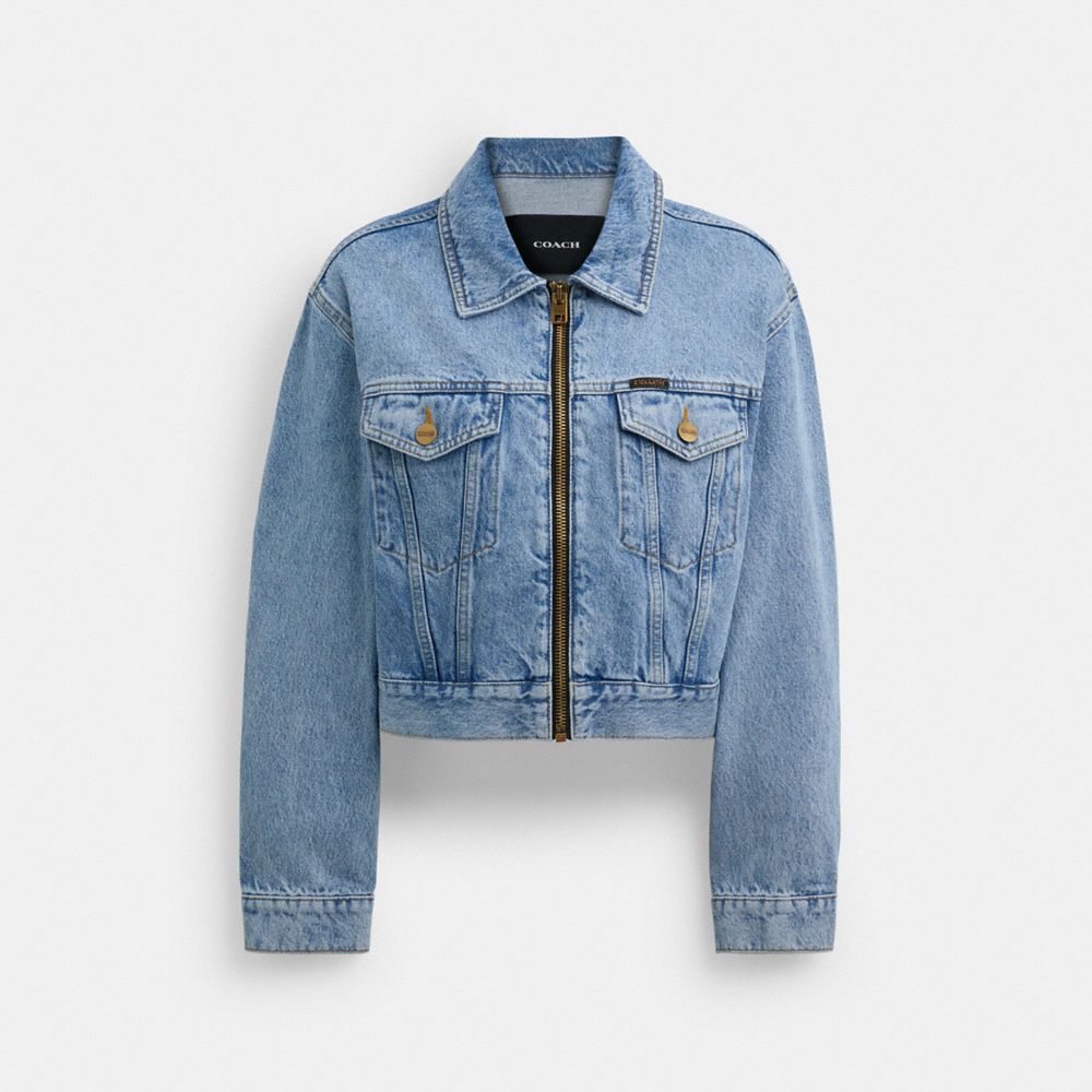 COACH®,DENIM CROP JACKET IN ORGANIC COTTON,Denim,Blue,Front View