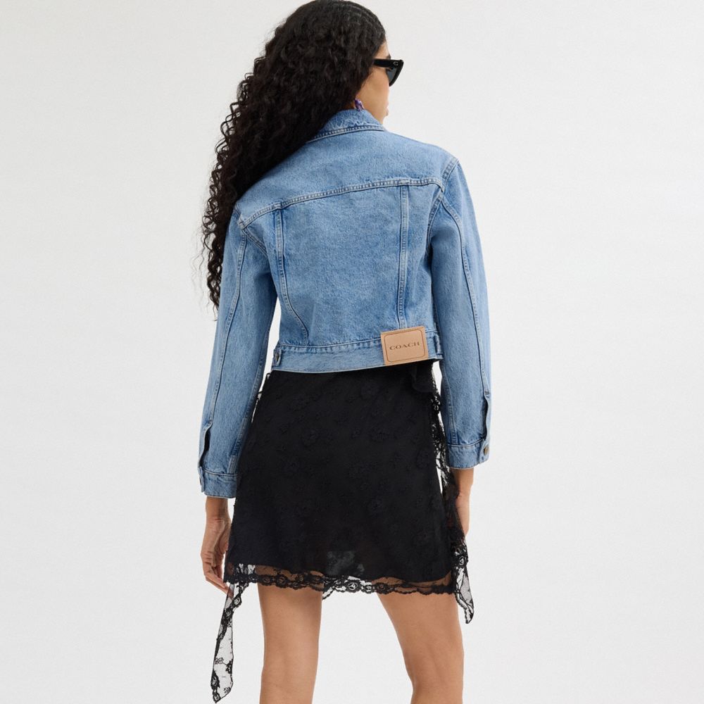 COACH®,Denim Crop Jacket In Organic Cotton,Organic Cotton,Trucker,Denim,Applique,Logo,Tag Embellishment,Button,Casual,Blue,Scale View