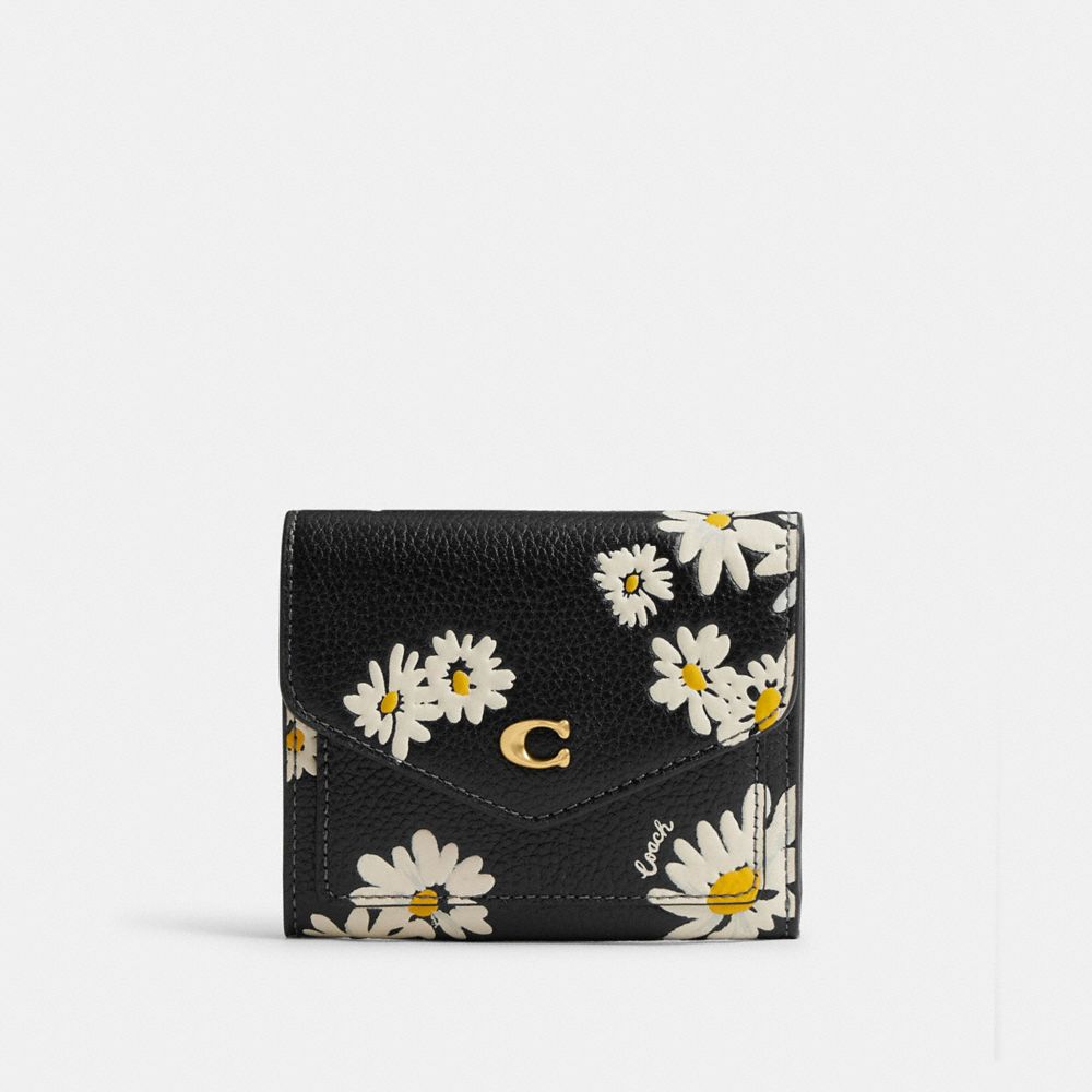 COACH®,WYN SMALL WALLET WITH FLORAL PRINT,Polished Pebble Leather,Brass/Black Multi,Front View