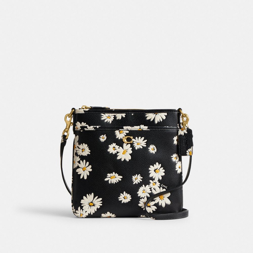 COACH®,KITT MESSENGER CROSSBODY BAG WITH FLORAL PRINT,Polished Pebble Leather,Small,Brass/Black Multi,Front View