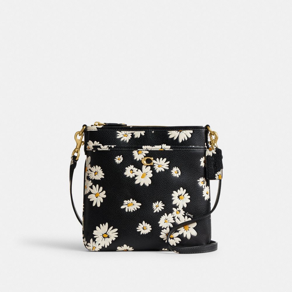 COACH®,SAC MESSENGER À BANDOULIÈRE KITT AVEC IMPRIMÉ FLORAL,Laiton/Noir multi,Front View