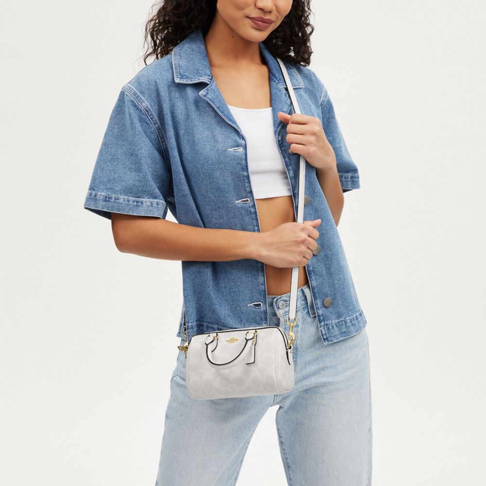 COACH®,Mini Rowan Crossbody In Signature Canvas,Leather,Canvas,Satchel,Logo,Casual,Gray,Detail View