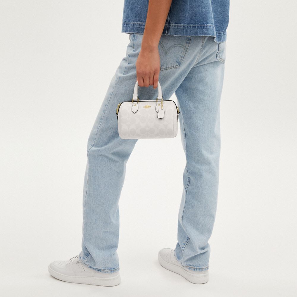 COACH®,Mini Rowan Crossbody In Signature Canvas,Leather,Canvas,Satchel,Logo,Casual,Gray,Detail View
