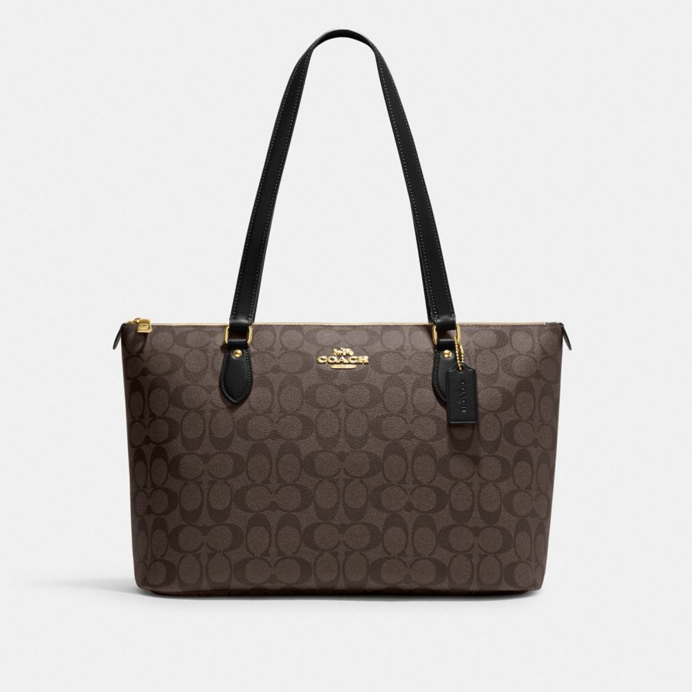 COACH®,GALLERY TOTE BAG IN SIGNATURE CANVAS,pvc,Gold/Brown Black,Front View