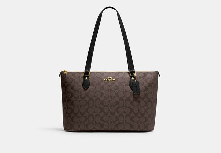 COACH®,GALLERY TOTE BAG IN SIGNATURE CANVAS,pvc,Large,Gold/Brown Black,Front View image number 0
