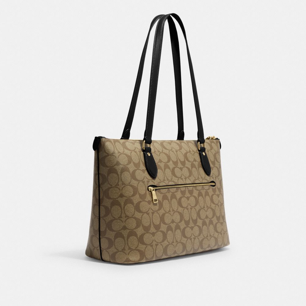 COACH®,Gallery Tote Bag In Signature Canvas,Canvas,Leather,Tote,Logo,Casual,Work,Beige,Angle View