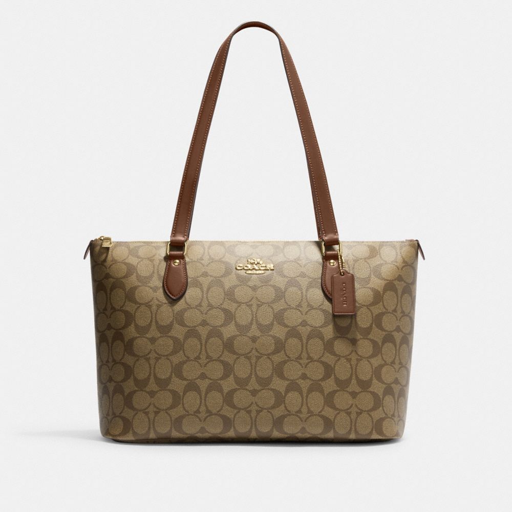 COACH®,GALLERY TOTE BAG IN SIGNATURE CANVAS,Signature Canvas,Large,Gold/Khaki Saddle 2,Front View