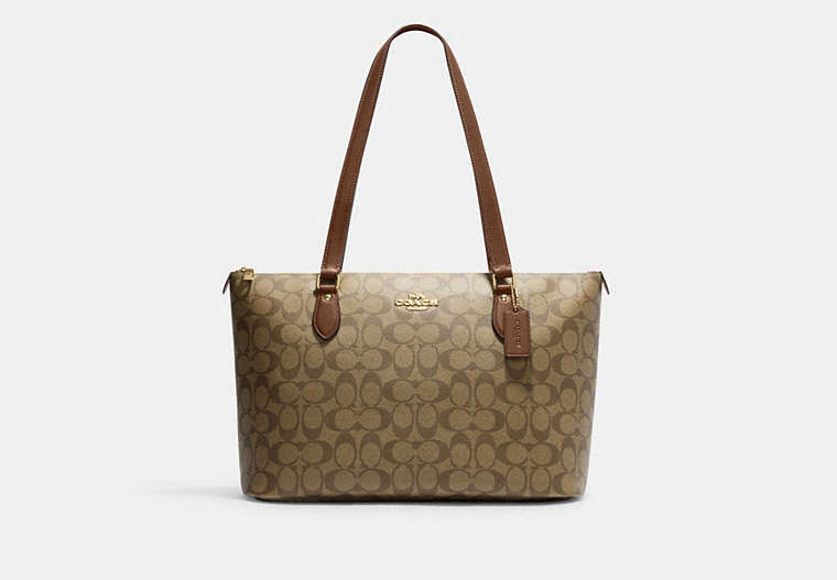 COACH®,GALLERY TOTE BAG IN SIGNATURE CANVAS,pvc,Large,Gold/Khaki Saddle 2,Front View image number 0