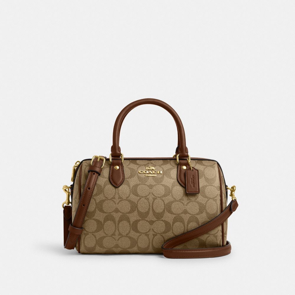 COACH®,ROWAN SATCHEL BAG IN SIGNATURE CANVAS,pvc,Medium,Gold/Khaki Saddle 2,Front View