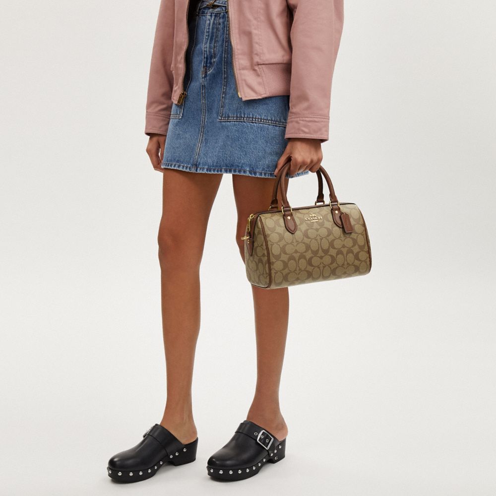 COACH®,Rowan Satchel Bag In Signature Canvas,Leather,Canvas,Satchel,Logo,Work,Brown,Detail View