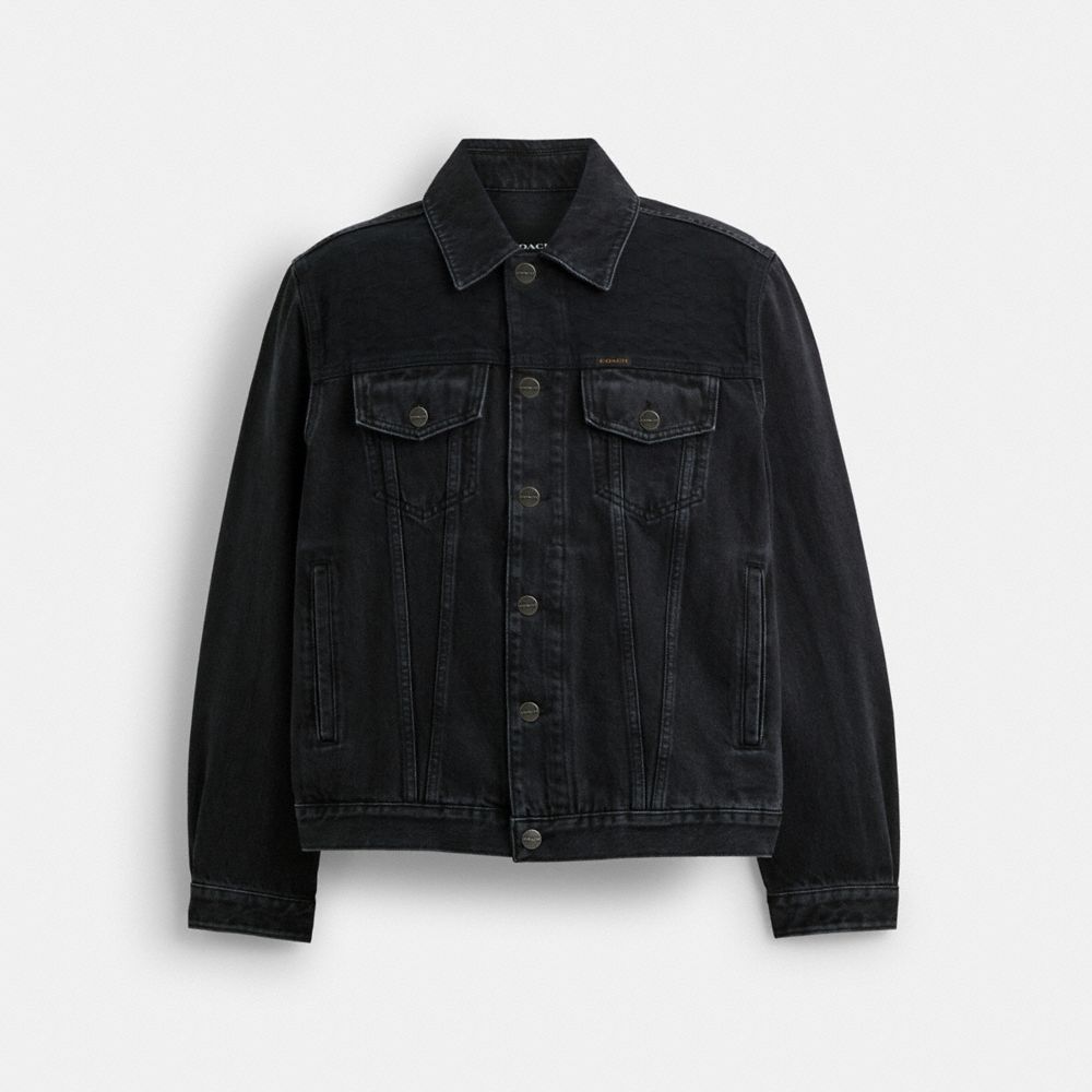 COACH®,Black Denim Jacket In Organic Cotton,Leather,Organic Cotton,Trucker,Denim,No Embellishment,Casual,,Front View