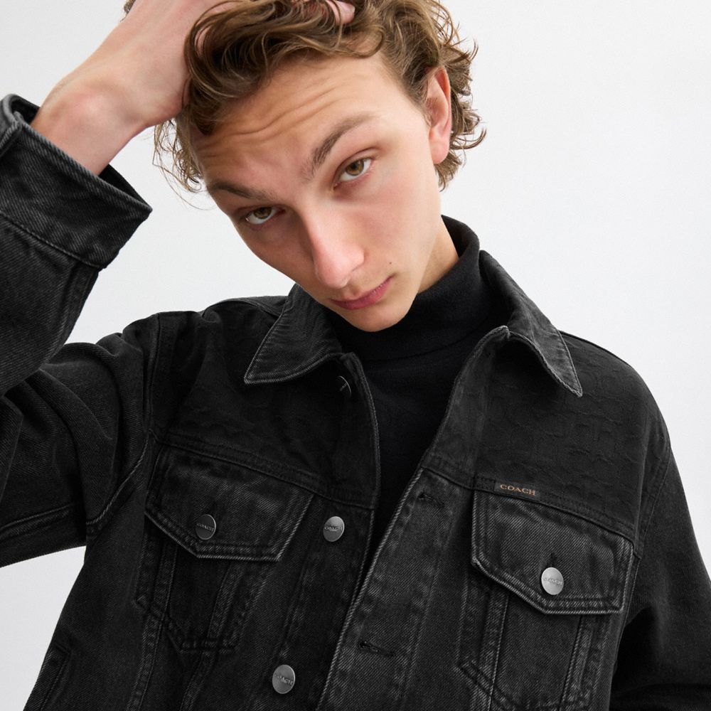 COACH®,Black Denim Jacket In Organic Cotton,Leather,Organic Cotton,Trucker,Denim,No Embellishment,Casual,,Detail View