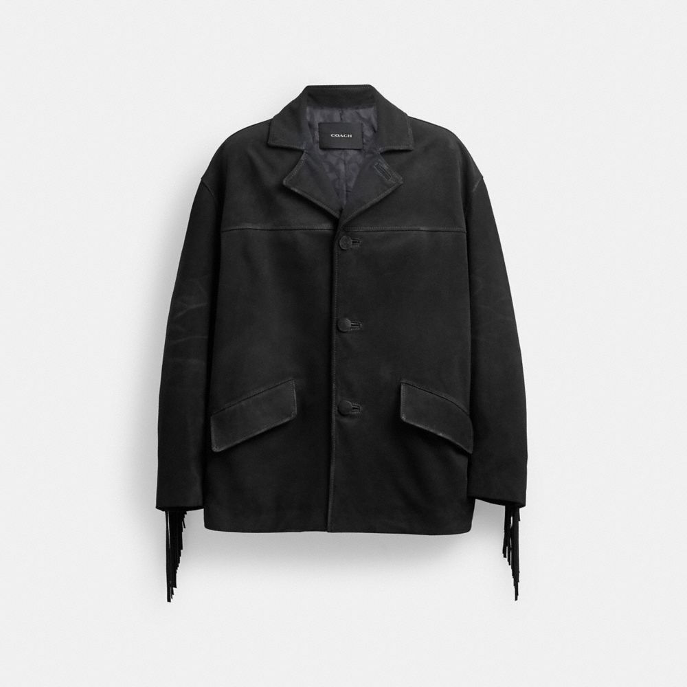 COACH®,SUEDE FRINGE JACKET,Suede,Black,Front View