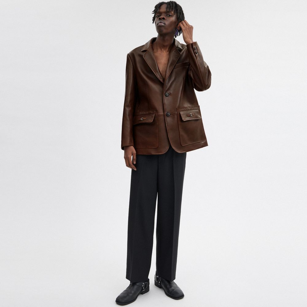 COACH®,Heritage C Leather Blazer,Leather,Viscose,Polyester,Blazer,Leather,Metal,Logo,Business Casual,Brown,Scale View