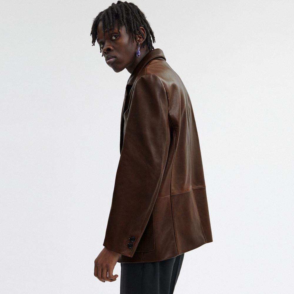 COACH®,Heritage C Leather Blazer,Leather,Viscose,Polyester,Blazer,Leather,Metal,Logo,Business Casual,Brown,Scale View