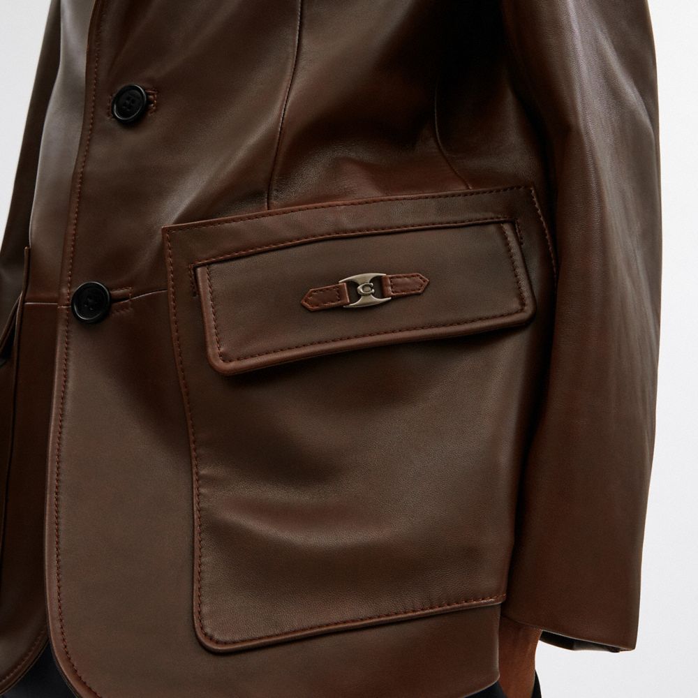 COACH®,Heritage C Leather Blazer,Leather,Viscose,Polyester,Blazer,Leather,Metal,Logo,Business Casual,Brown,Detail View