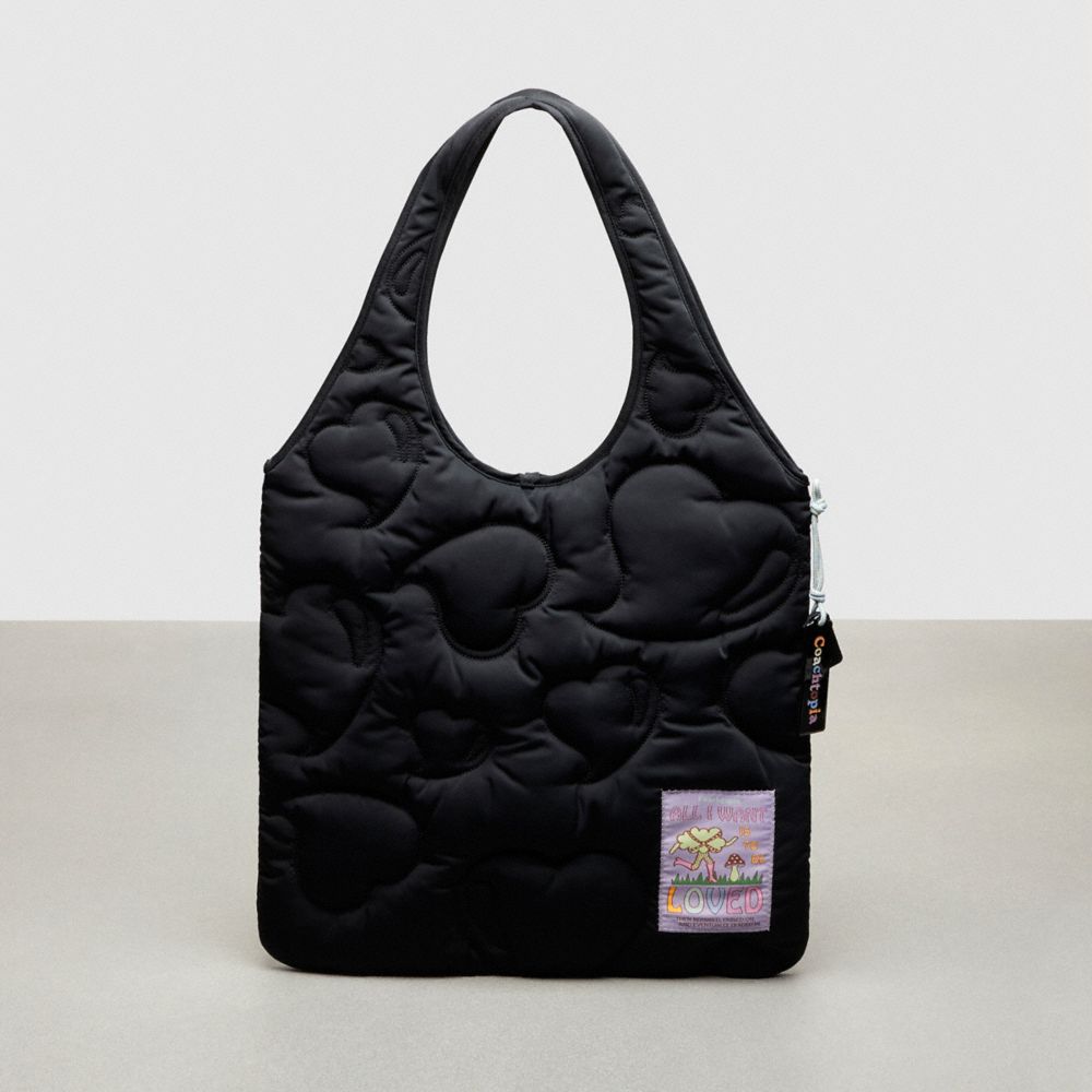 COACH®,Coachtopia Loop Quilted Heart Flat Tote,Recycled Polyester,Coachtopia Loop,Black,Front View image number 0