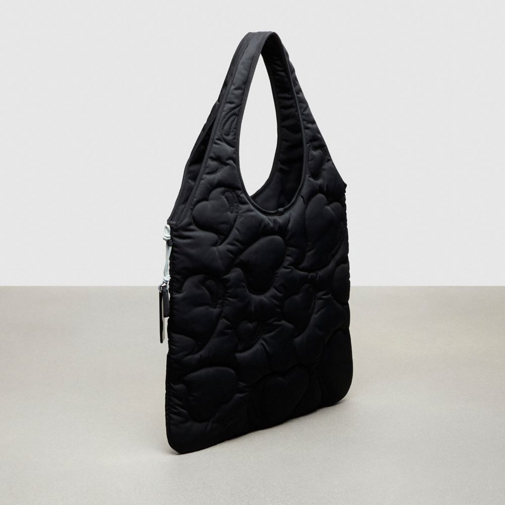 COACH®,Coachtopia Loop Quilted Heart Flat Tote,Lining Recycled Polyester,Recycled Polyester,Tote,Plastic,Applique,Tag Embe...,Black,Angle View