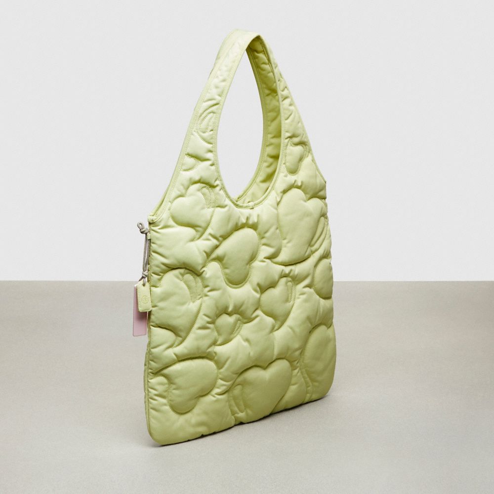 COACH®,Coachtopia Loop Quilted Heart Flat Tote,Recycled Polyester,Coachtopia Loop,Pale Lime,Angle View