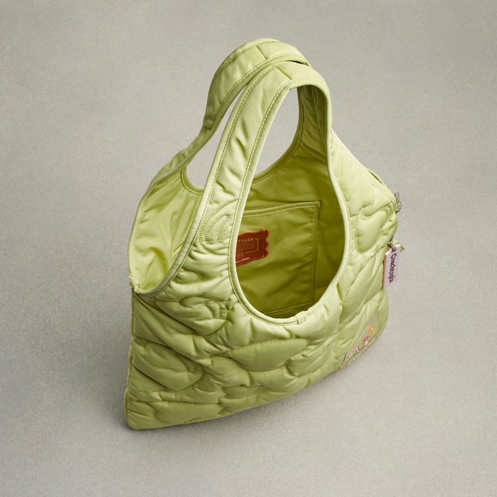 COACH®,Coachtopia Loop Quilted Heart Flat Tote,Polyester,Tote,Plastic,Applique,Casual,Green,Inside View,Top View