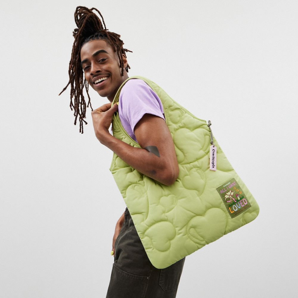 COACH®,Coachtopia Loop Quilted Heart Flat Tote,Polyester,Tote,Plastic,Applique,Casual,Green,Detail View
