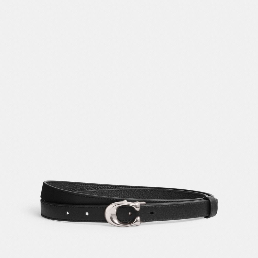 COACH®,SCULPTED SIGNATURE BUCKLE REVERSIBLE BELT, 20MM,Polished Pebble Leather,Silver/Black,Front View