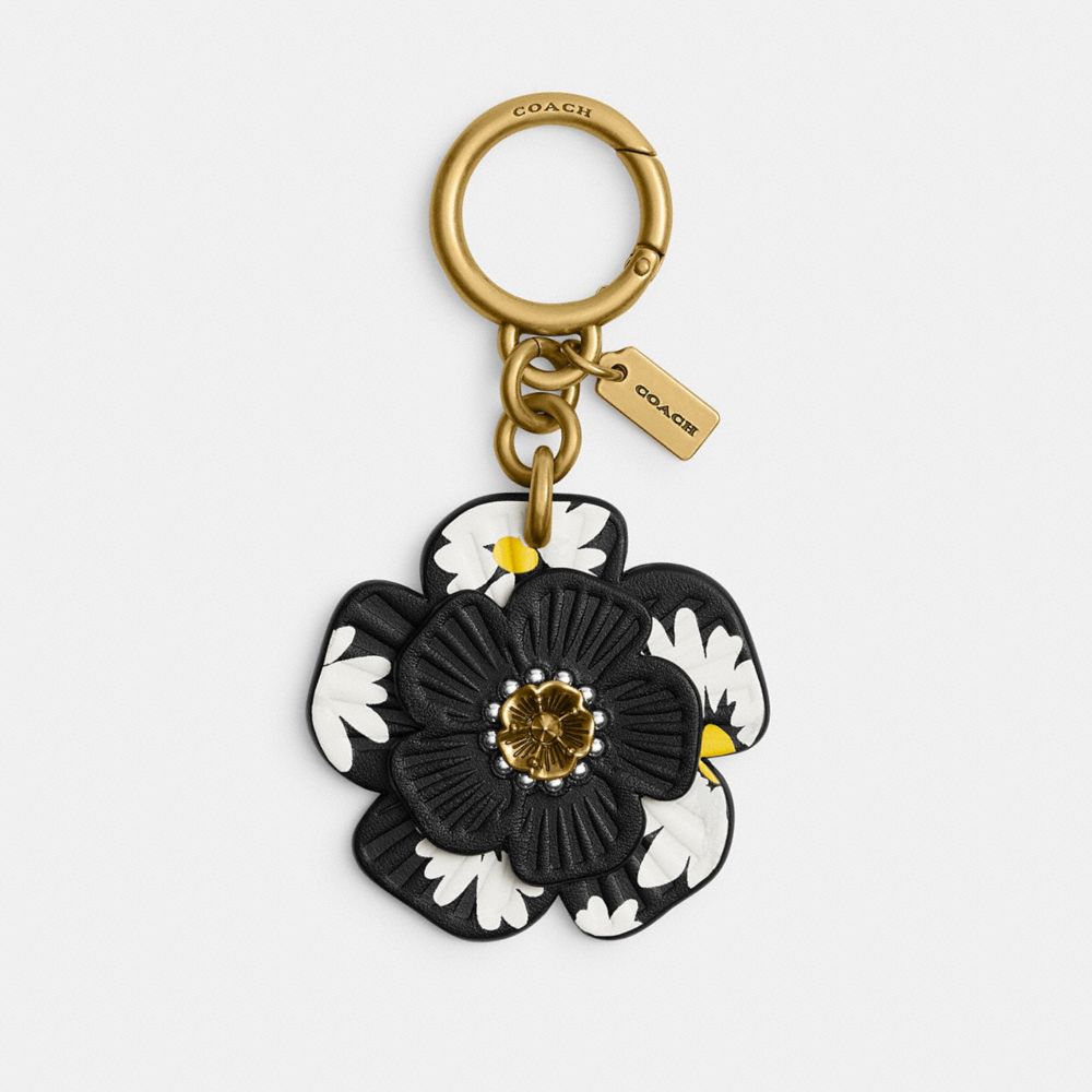 COACH®,TEA ROSE BAG CHARM WITH FLORAL PRINT,Brass/Black Multi,Front View