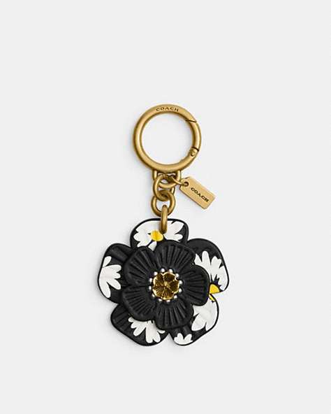 COACH®,TEA ROSE BAG CHARM WITH FLORAL PRINT,Brass/Black Multi,Front View